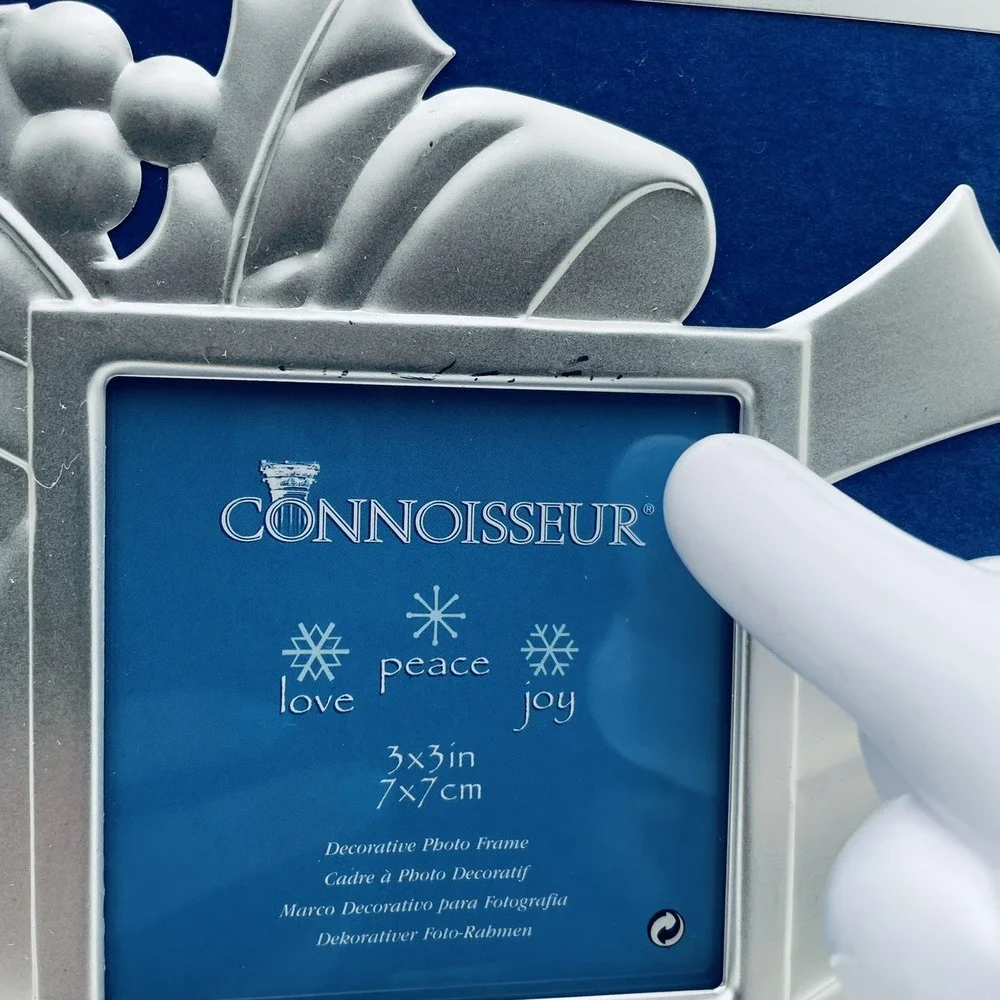Connoisseur Silver Christmas Bells Holly Picture Frame Blue‎ 3x3 Tabletop 182346